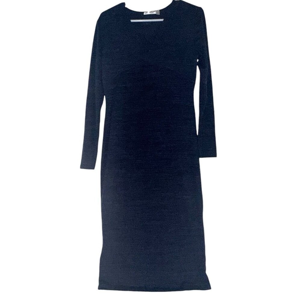 RD Style Long Sleeve Midi Dress Sz M Navy Blue Rayon Blend Knit V Neck